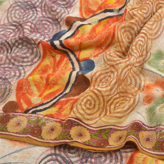 Sanskriti Vintage Sarees Embroidered Brown Pure Crepe Silk Printed Sari Sustainable Fabric