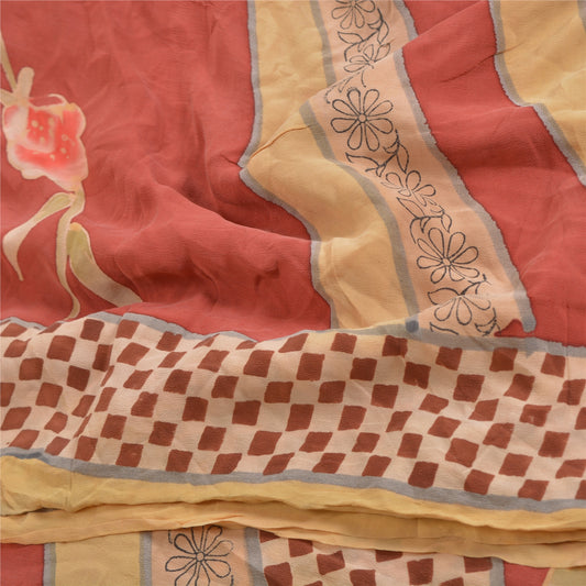 Sanskriti Vintage Sarees Red Pure Crepe Silk Printed Sari Soft 5yd Craft Sustainable Fabric
