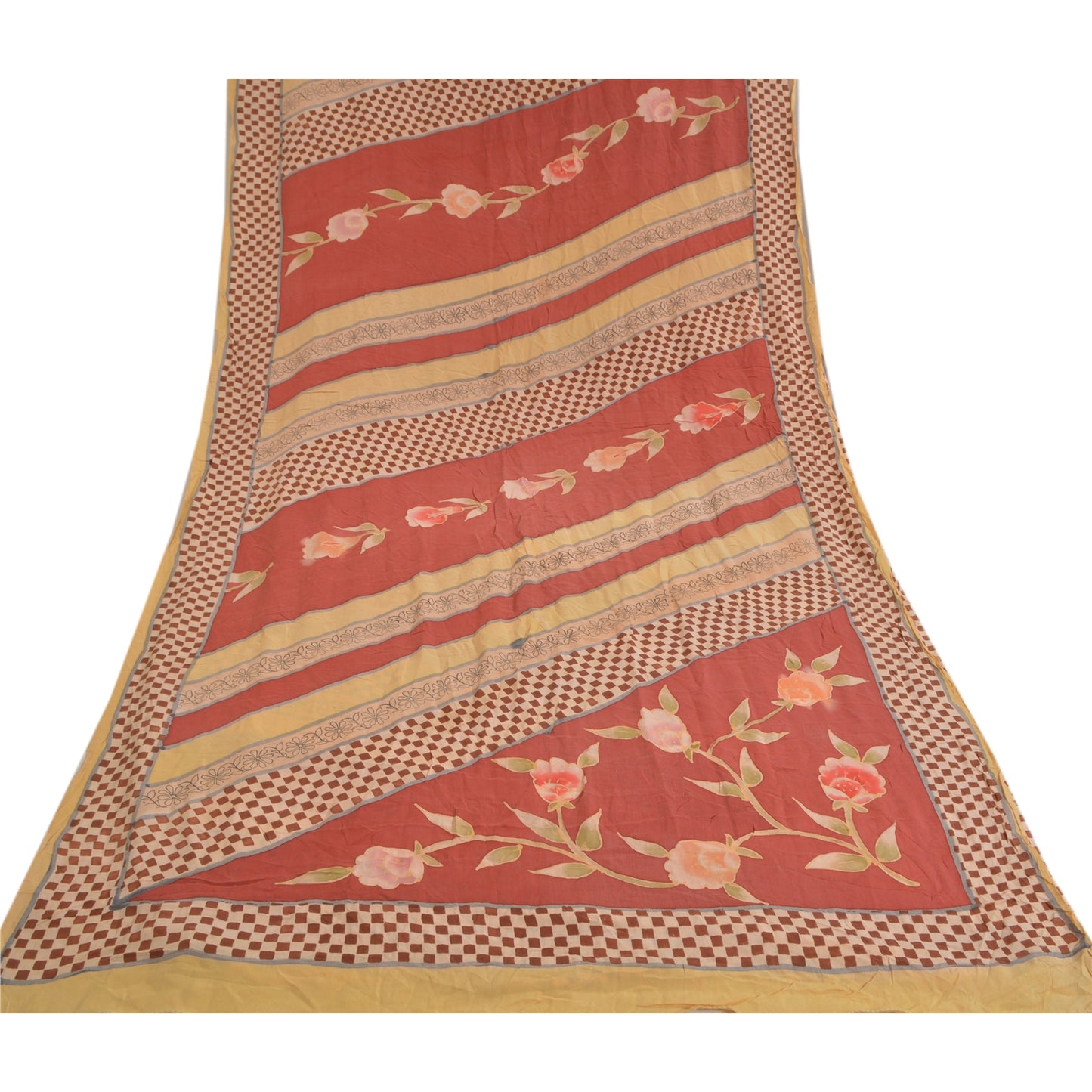 Sanskriti Vintage Sarees Red Pure Crepe Silk Printed Sari Soft 5yd Craft Sustainable Fabric