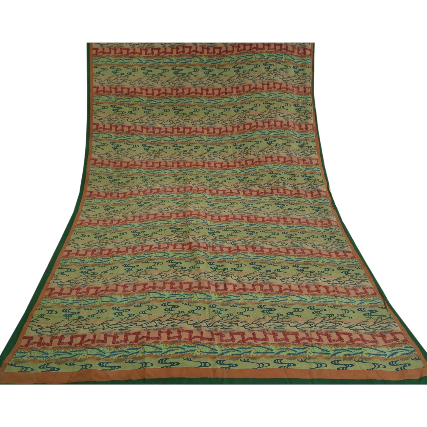 Sanskriti Vintage Sarees Green Indian Pure Crepe Silk Printed Sari Craft Sustainable Fabric