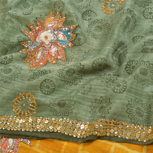 Sanskriti Vintage Sarees Green Hand Beaded Pure Crepe Silk Printed Sari Sustainable Fabric
