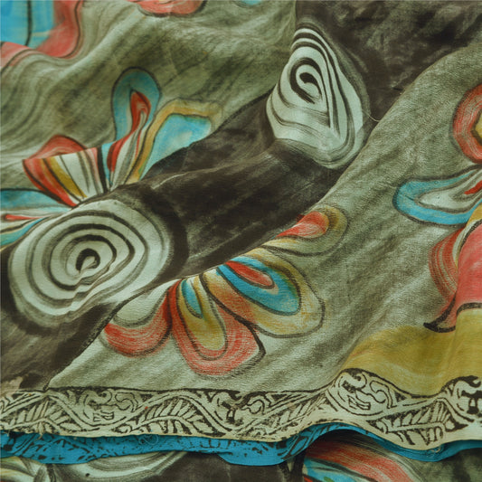 Sanskriti Vintage Sarees Blue Pure Crepe Silk Printed Sari Floral Craft Sustainable Fabric