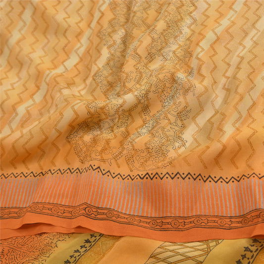 Sanskriti Vintage Sarees Saffron Printed Pure Crepe Silk Sari Soft Craft Sustainable Fabric