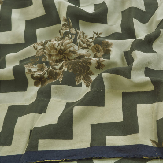 Sanskriti Vintage Sarees Gray Indian Pure Crepe Silk Printed Sari Craft Sustainable Fabric