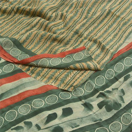 Sanskriti Vintage Sarees Green Pure Crepe Silk Printed Sari Soft Craft Sustainable Fabric