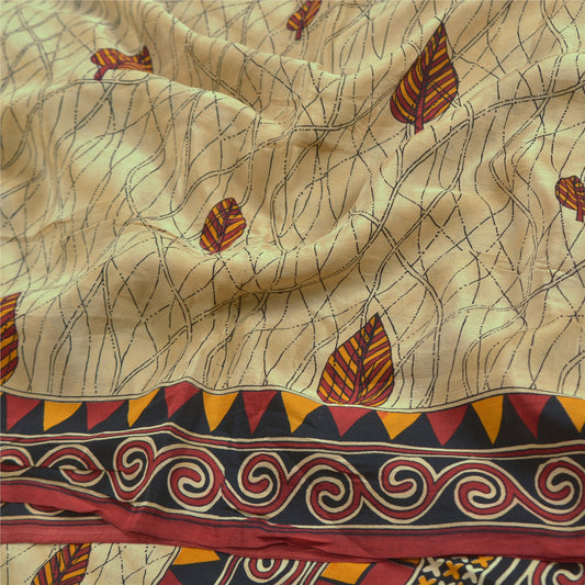 Sanskriti Vintage Sarees Cream Pure Crepe Silk Leaf Printed Sari Craft Sustainable Fabric