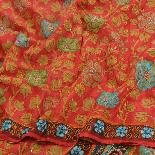 Sanskriti Vintage Sarees Red Hand Beaded Print Pure Crepe Silk Sari Craft Sustainable Fabric