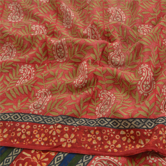 Sanskriti Vintage Sarees Red Pure Crepe Silk Printed Sari Soft 5yd Craft Sustainable Fabric