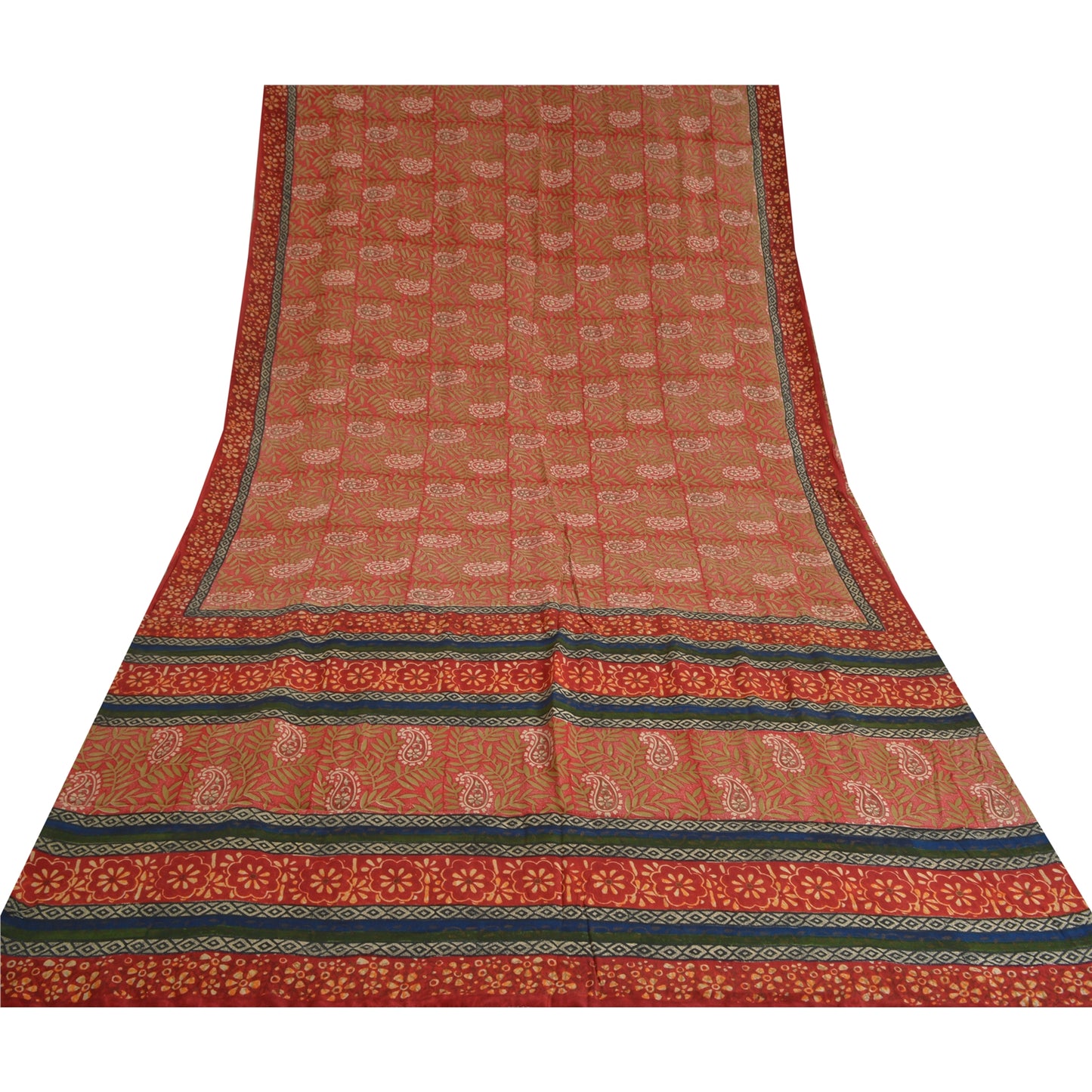 Sanskriti Vintage Sarees Red Pure Crepe Silk Printed Sari Soft 5yd Craft Sustainable Fabric