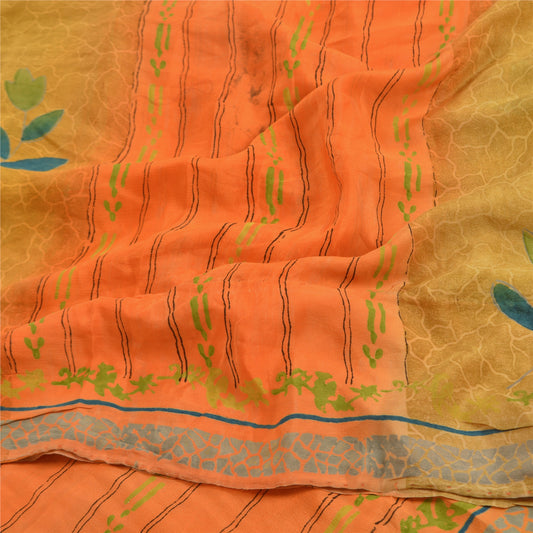 Sanskriti Vintage Sarees Green 100% Pure Crepe Silk Printed Sari Craft Sustainable Fabric