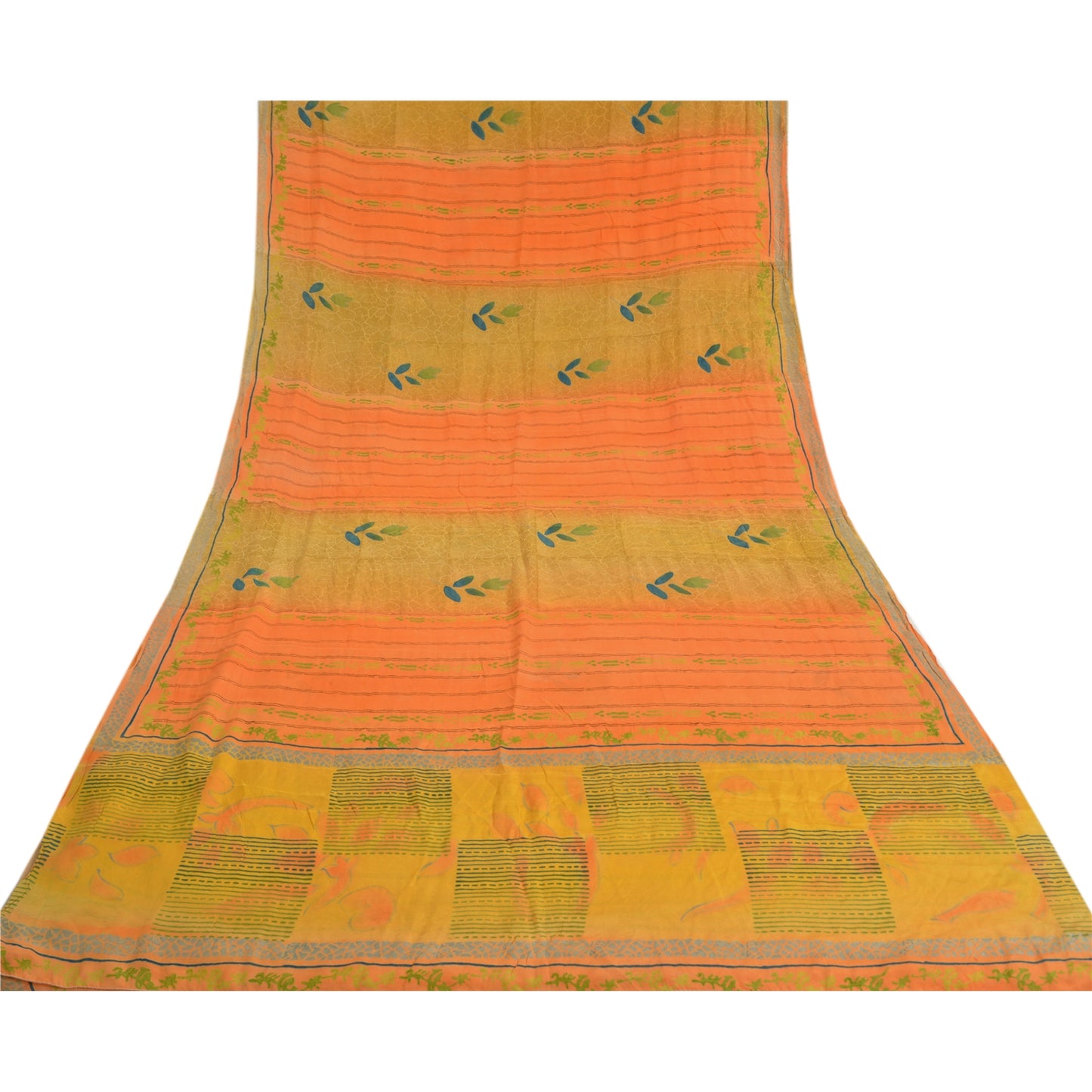 Sanskriti Vintage Sarees Green 100% Pure Crepe Silk Printed Sari Craft Sustainable Fabric