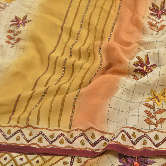 Sanskriti Vintage Sarees Multi Hand Beaded Pure Crepe Silk Printed Sari Sustainable Fabric