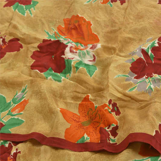 Sanskriti Vintage Sarees Indian Beige Pure Crepe Silk Printed Sari Craft Sustainable Fabric