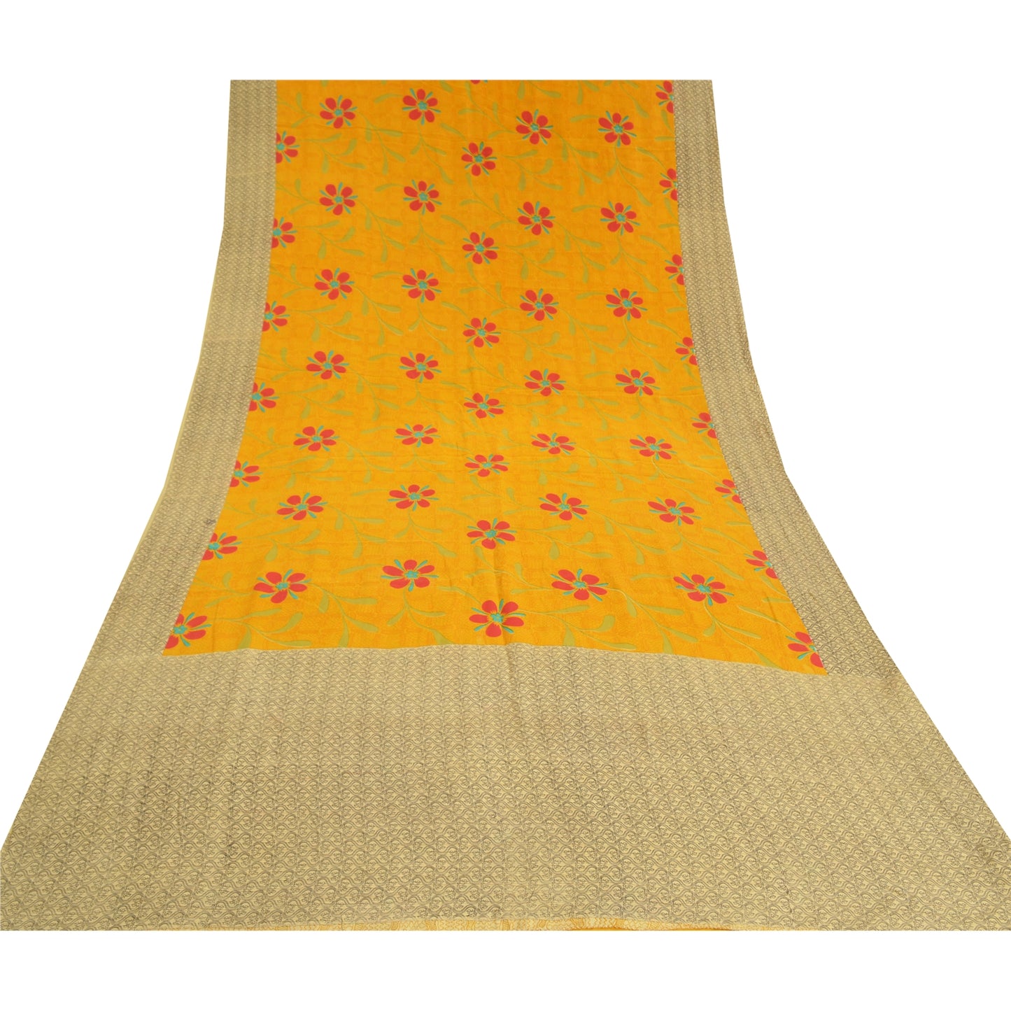 Sanskriti Vintage Mustard Sarees Pure Crepe Silk Printed Sari Soft Craft Sustainable Fabric
