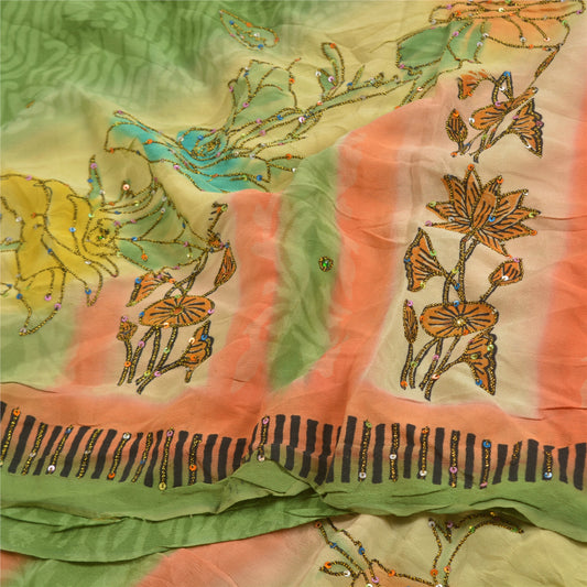 Sanskriti Vintage Sarees Green Hand Beaded Pure Crepe Silk Sari 5yd Craft Sustainable Fabric