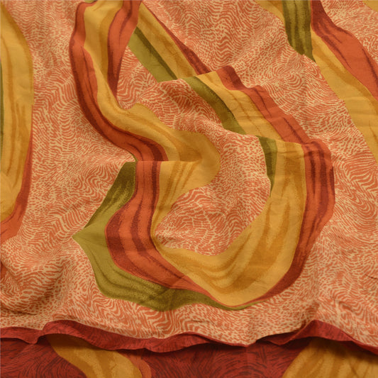 Sanskriti Vintage Sarees Peach 100% Pure Crepe Silk Printed Sari Craft Sustainable Fabric