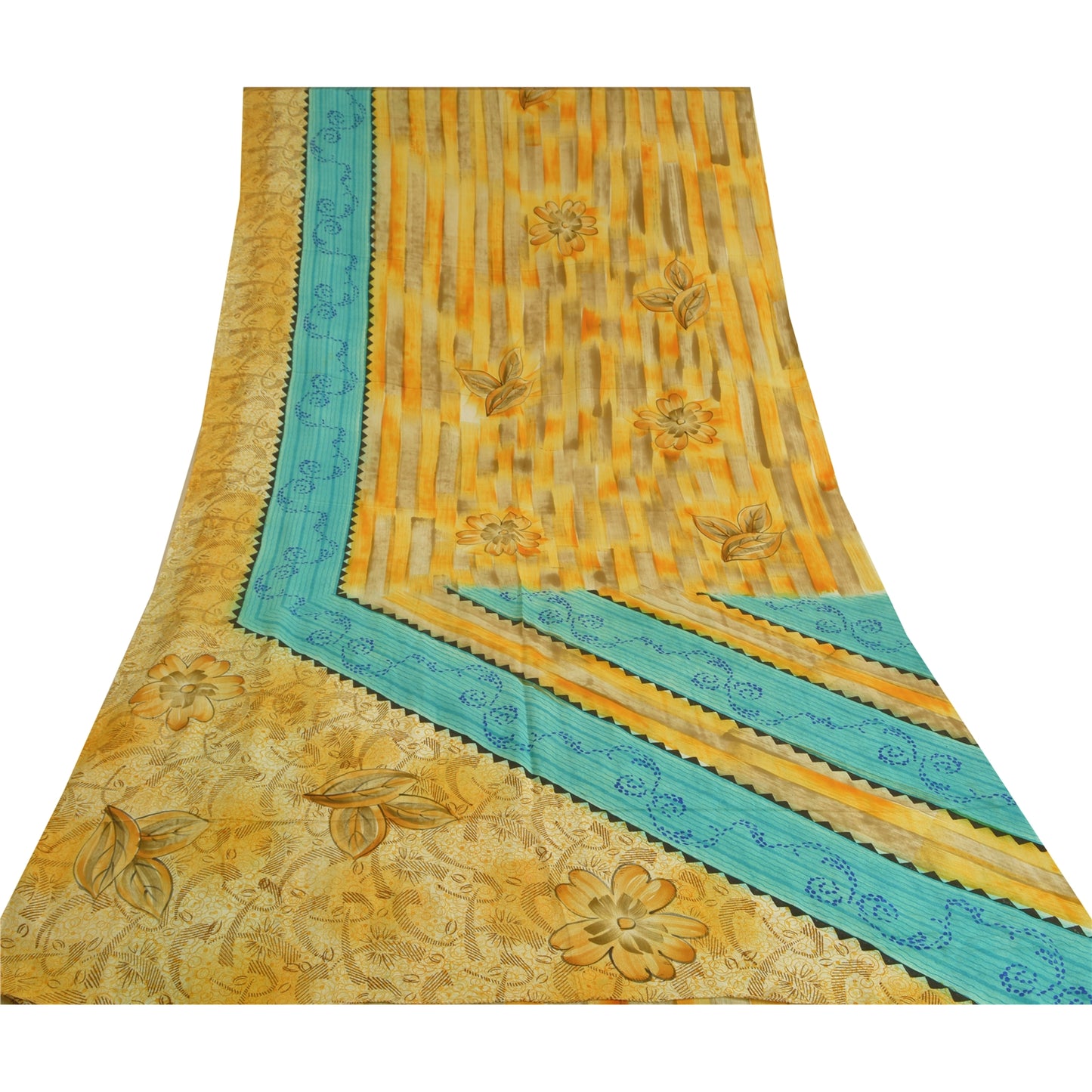 Sanskriti Vintage Sarees Yellow Pure Crepe Silk Printed Sari Soft Craft Sustainable Fabric