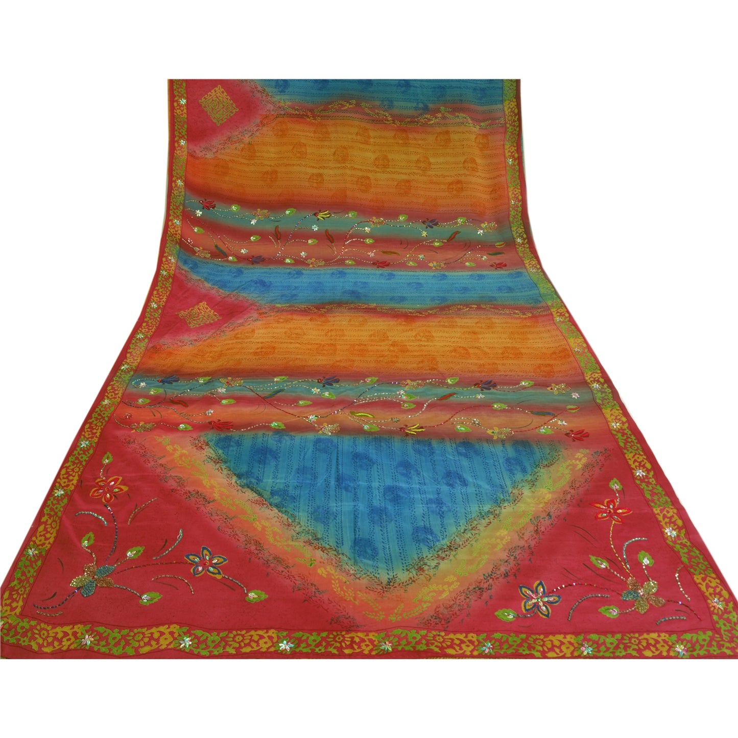 Sanskriti Vintage Sarees Multi Hand Beaded Pure Crepe Silk Sari 5yd Craft Sustainable Fabric