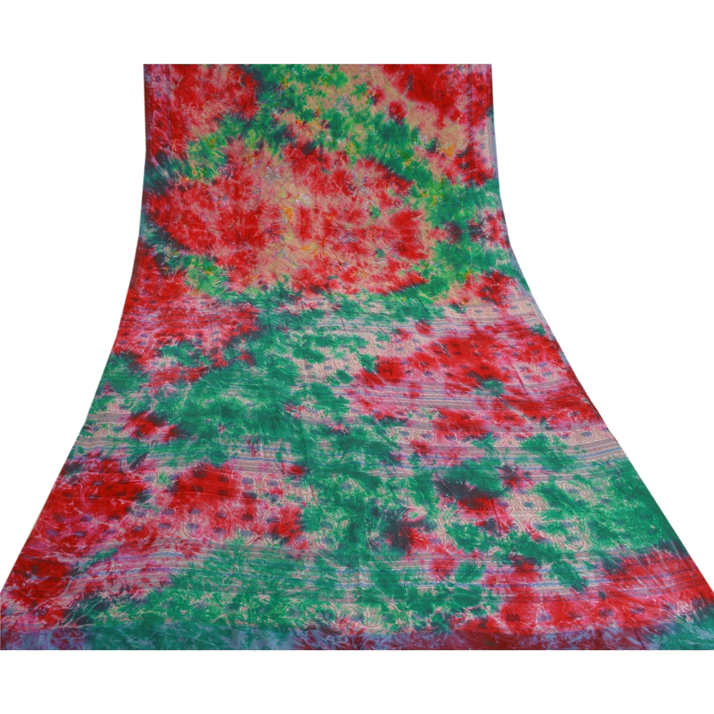 Sanskriti Vintage Sarees Red Tie-Dye Pure Crepe Silk Sari Soft 5yd Craft Sustainable Fabric