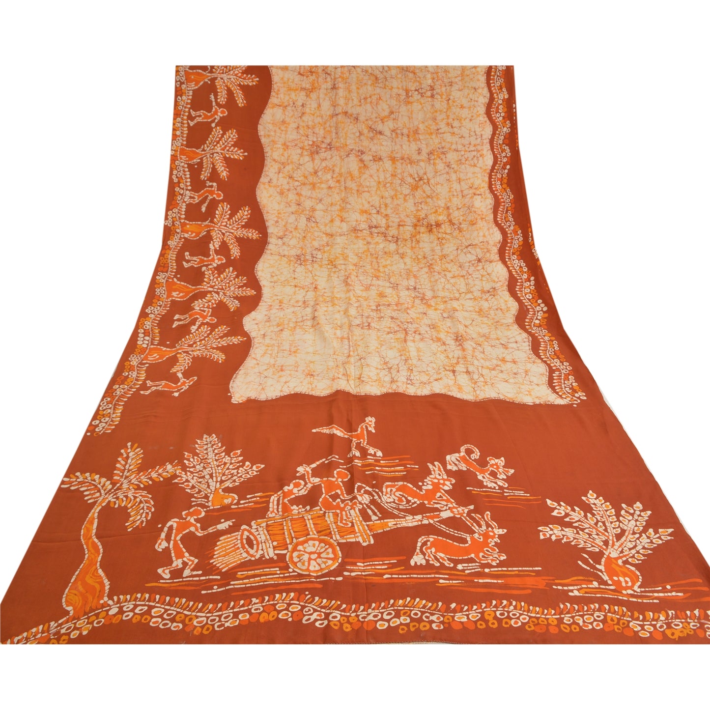 Sanskriti Vintage Sarees Cream Batik Printed Pure Crepe Silk Sari Craft Sustainable Fabric