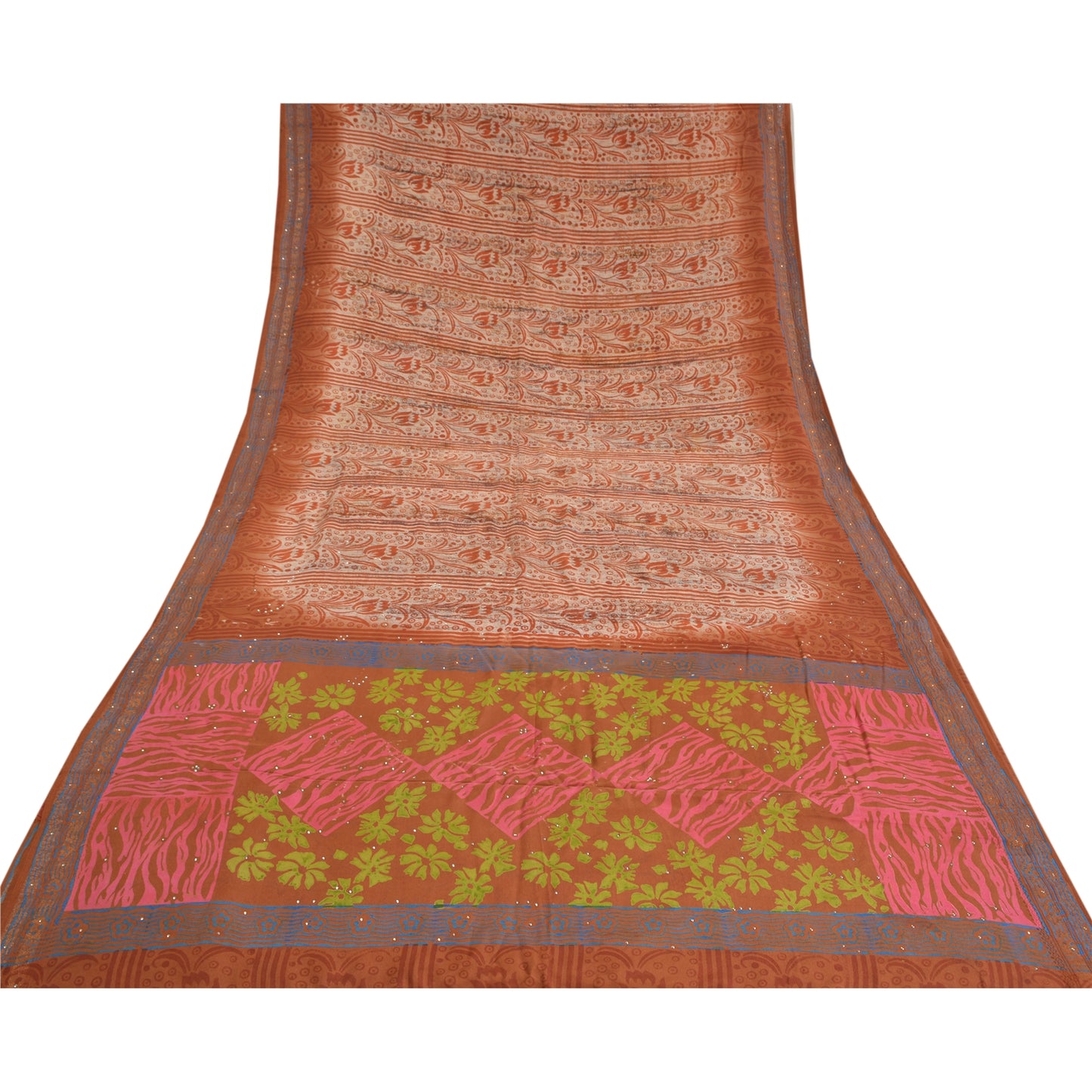 Sanskriti Vintage Sarees Orange Pure Crepe Silk Printed Rhinestone Sari Sustainable Fabric