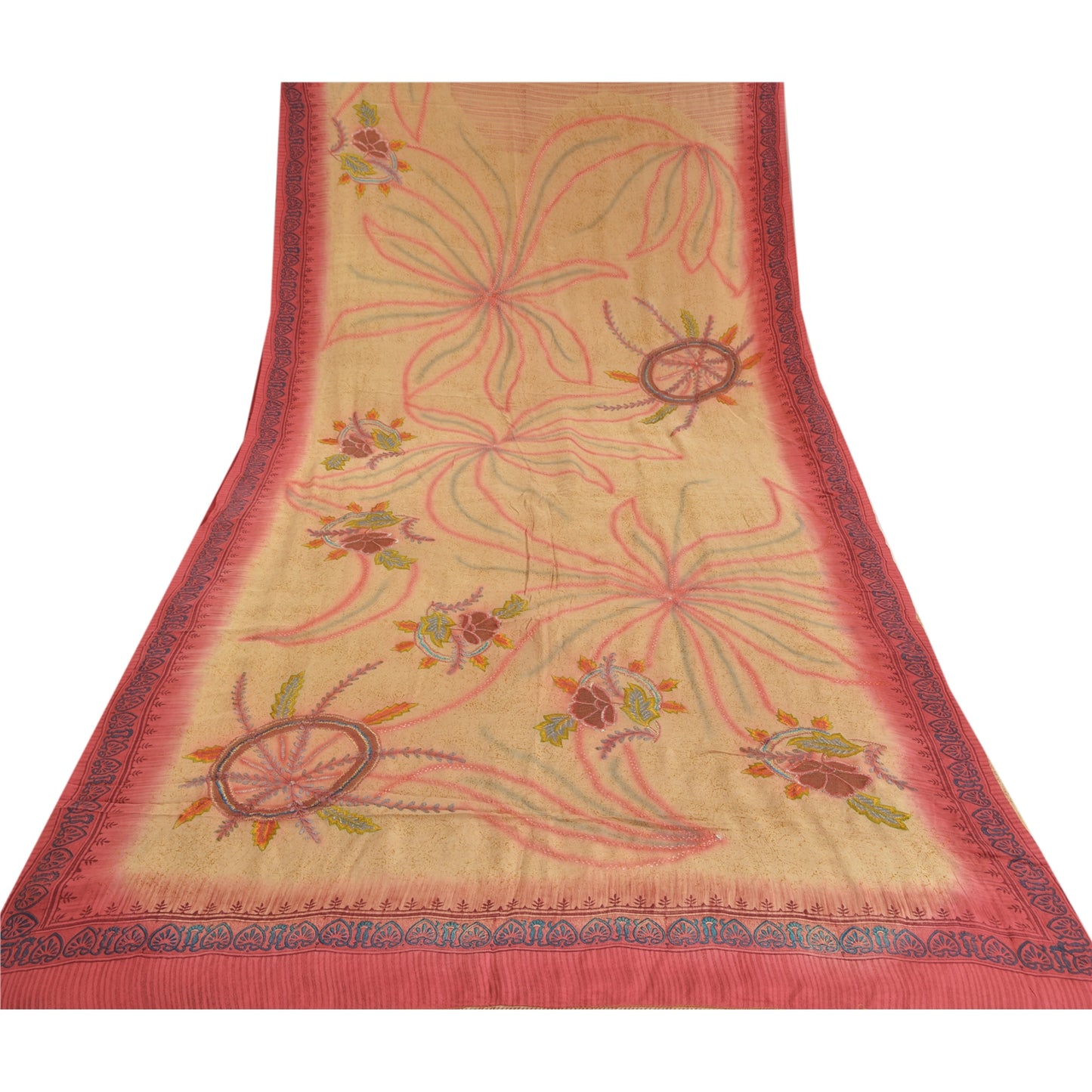 Sanskriti Vintage Sarees Cream Embroidered Print Pure Crepe Silk Sari 5yd Sustainable Fabric