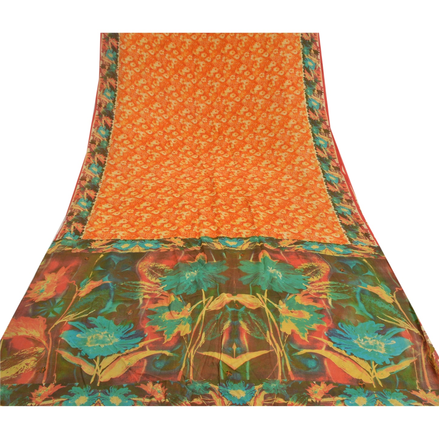 Sanskriti Vintage Orange Sarees 100% Pure Crepe Silk Printed Sari Craft Sustainable Fabric