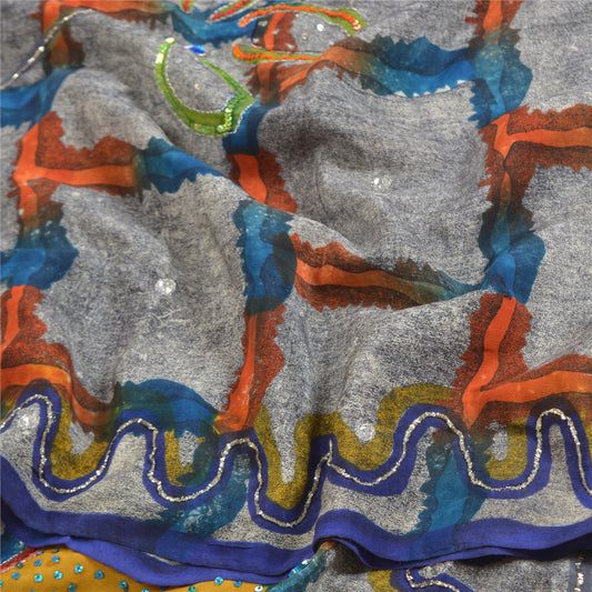 Sanskriti Vintage Sarees Gray Hand Beads Print Pure Crepe Silk Sari Craft Sustainable Fabric