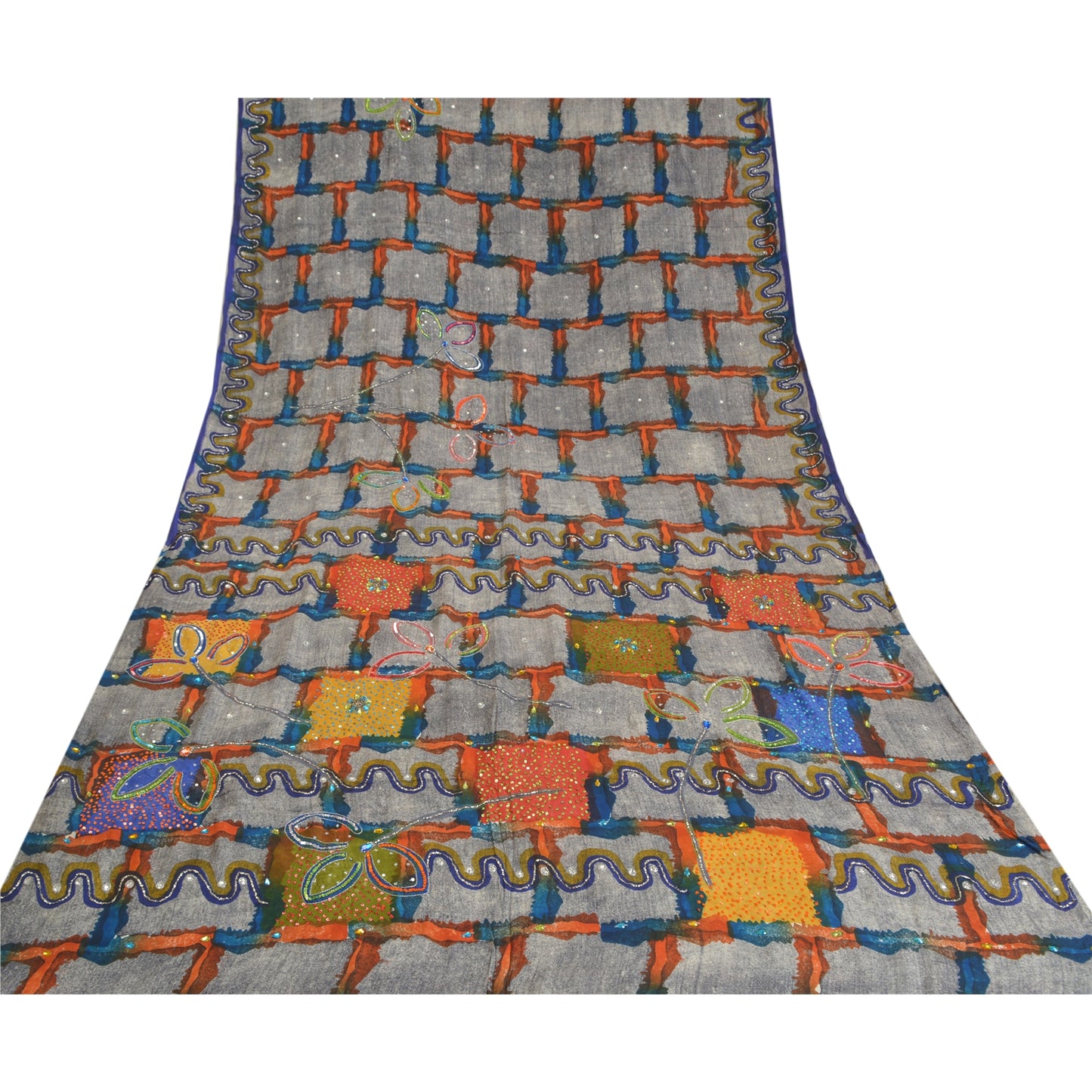 Санскритские винтажные сари серые ручные бусины с принтом из чистого крепированного шелка сари из экологически чистой ткани