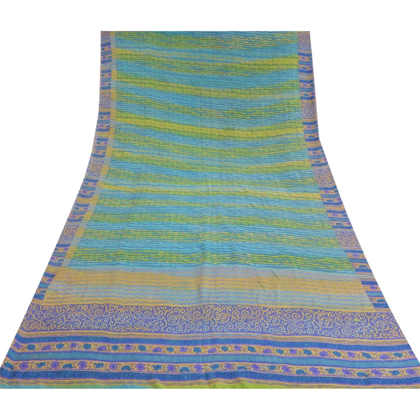 Sanskriti Vintage Sarees Blue Indian Pure Crepe Silk Printed Sari Craft Sustainable Fabric