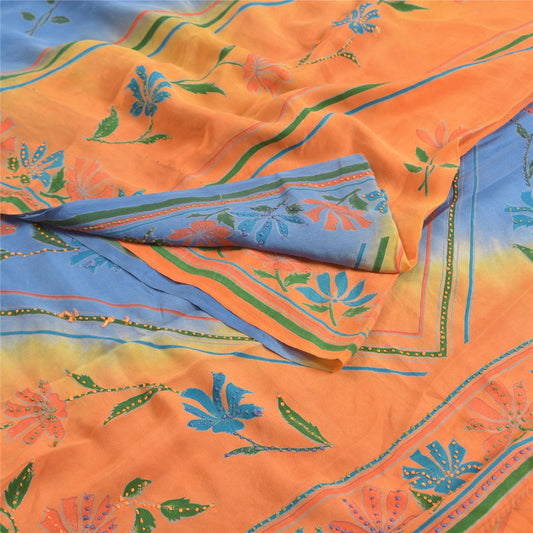 Sanskriti Vintage Sarees Blue Frenchknot Pure Crepe Silk Print Sari Craft Sustainable Fabric