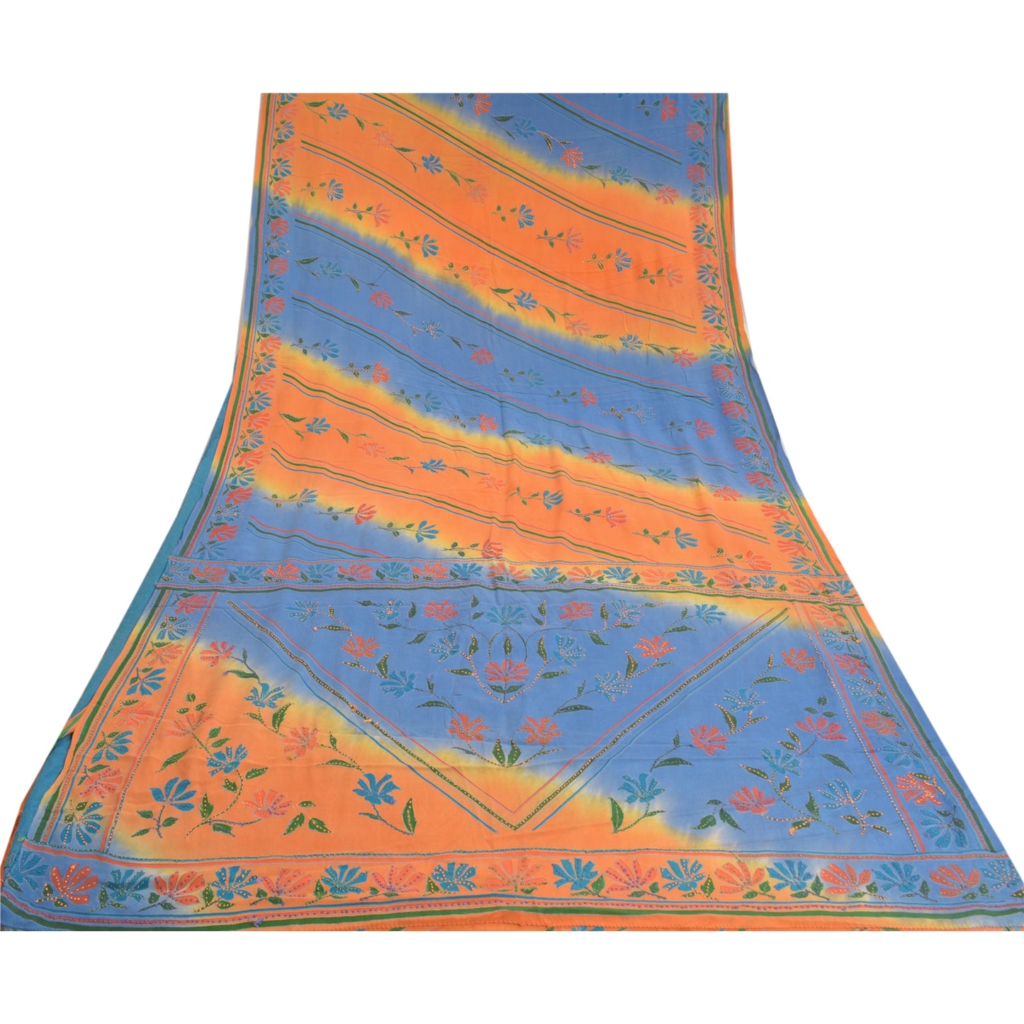 Sanskriti Vintage Sarees Blue Frenchknot Pure Crepe Silk Print Sari Craft Sustainable Fabric