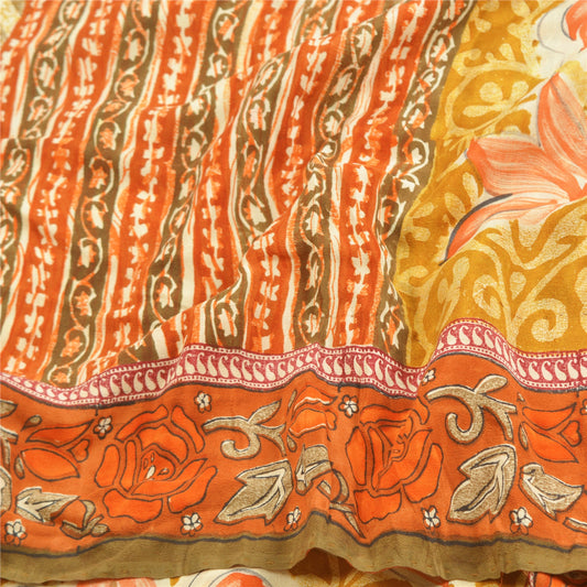 Sanskriti Vintage Sarees Orange Indian Pure Crepe Silk Printed Sari Craft Sustainable Fabric
