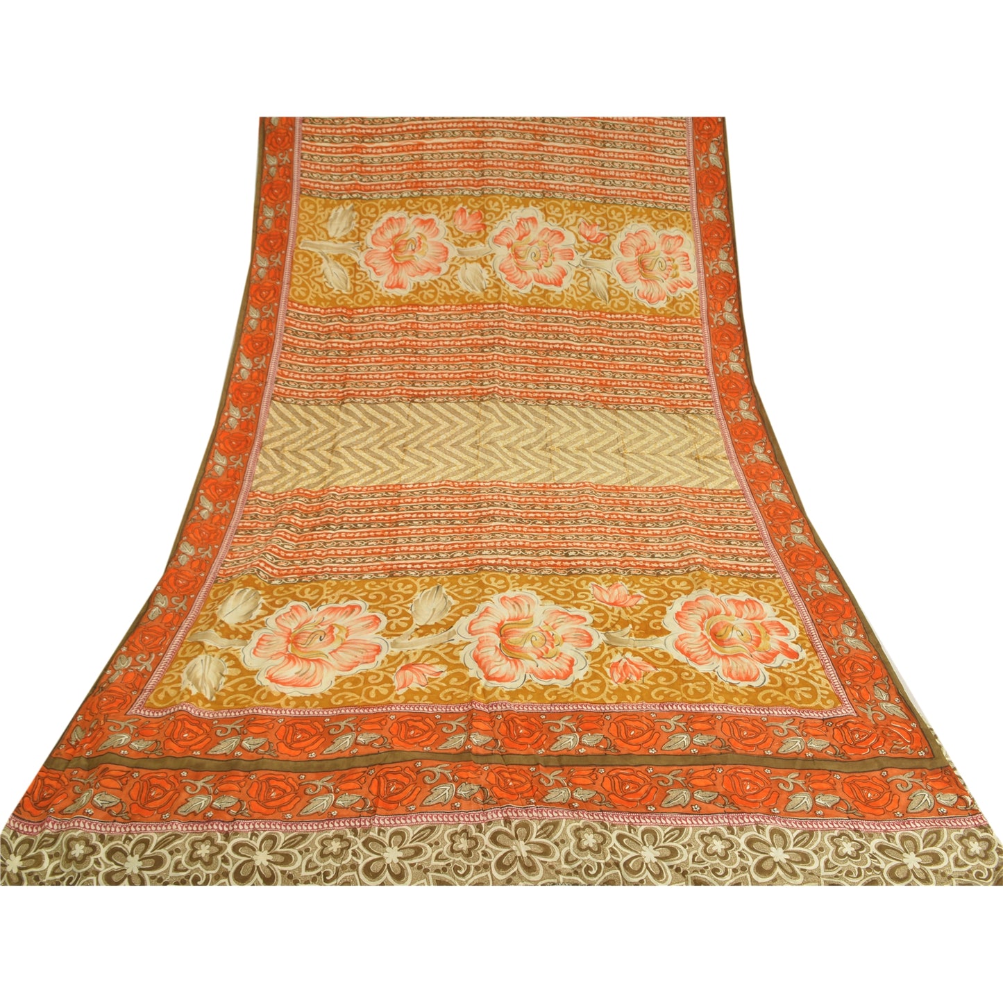 Санскритские винтажные сари оранжевый индийский чистый креп шелк напечатанный сари ремесло устойчивая ткань