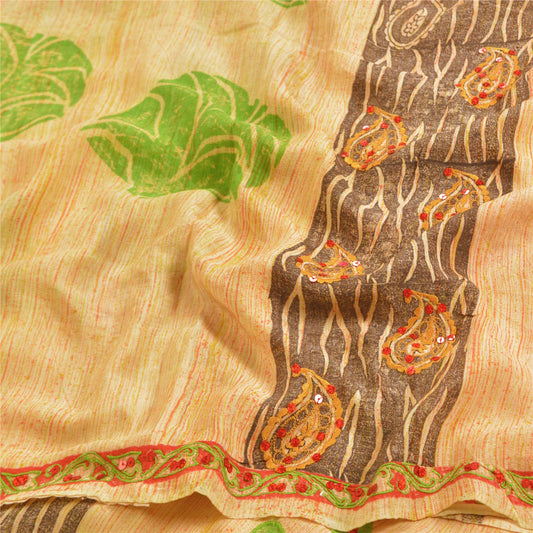 Sanskriti Vintage Sarees Beige Hand Beaded Pure Crepe Silk Printed Sari Sustainable Fabric