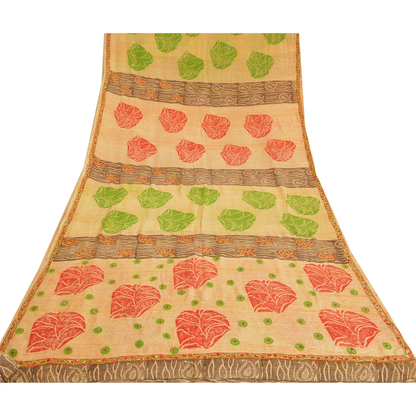 Sanskriti Vintage Sarees Beige Hand Beaded Pure Crepe Silk Printed Sari Sustainable Fabric