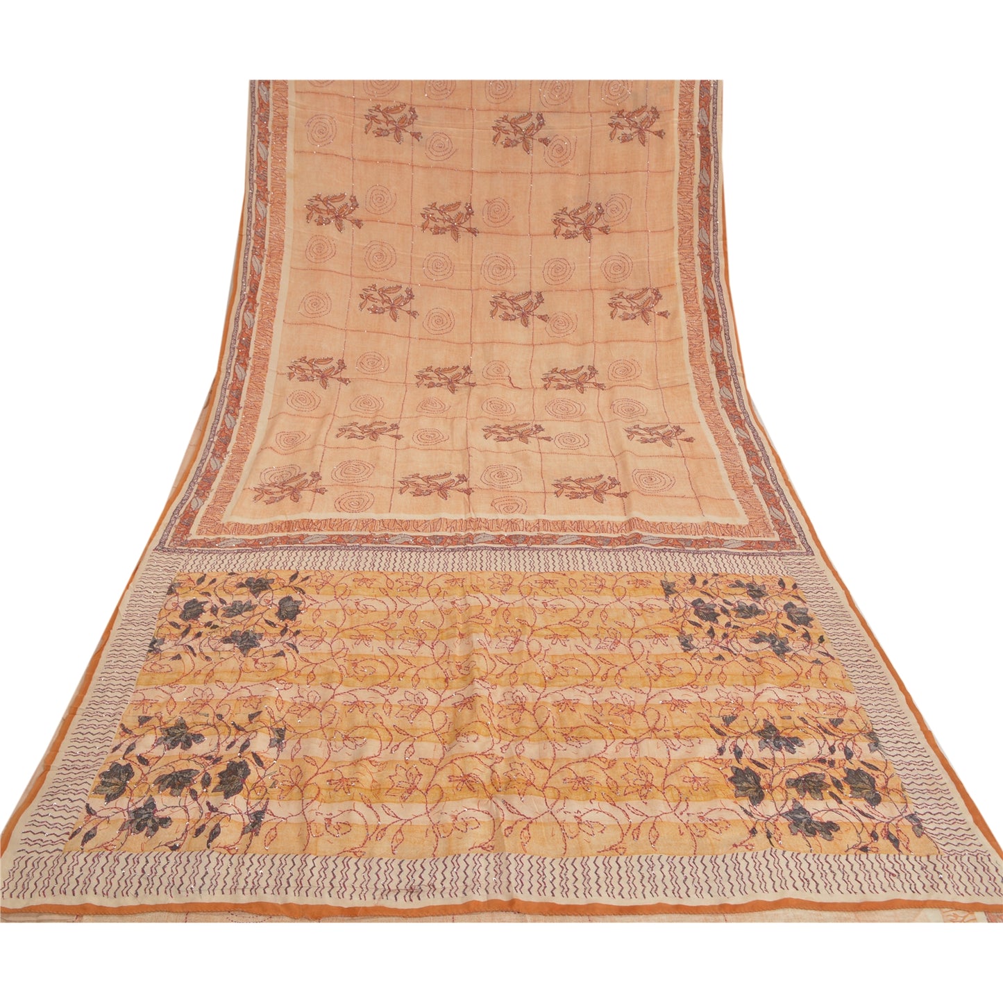 Sanskriti Vintage Sarees Cream HandBead Kantha Pure Crepe Silk Print Sari Sustainable Fabric