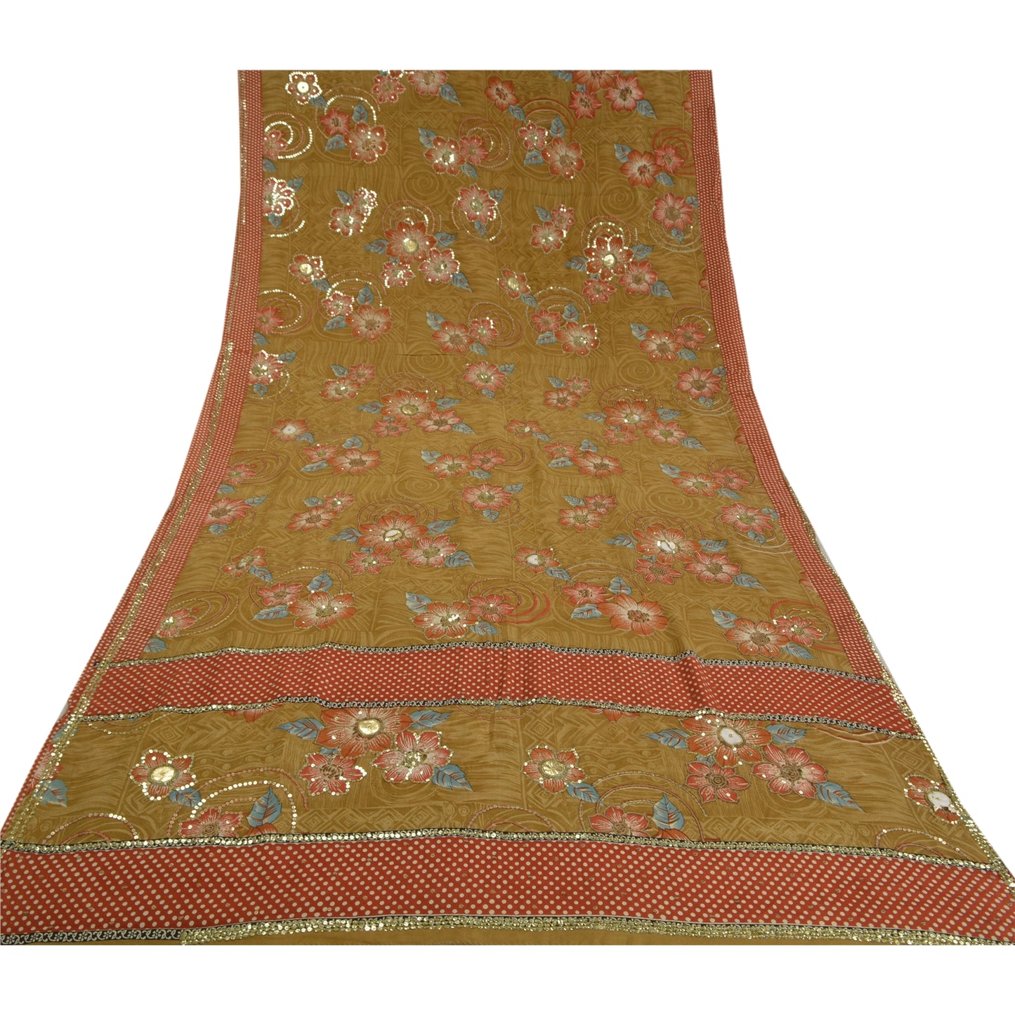 Сари Sanskriti Vintage, зеленое, расшитое вручную бисером, сари из чистого крепированного шелка, устойчивая ткань