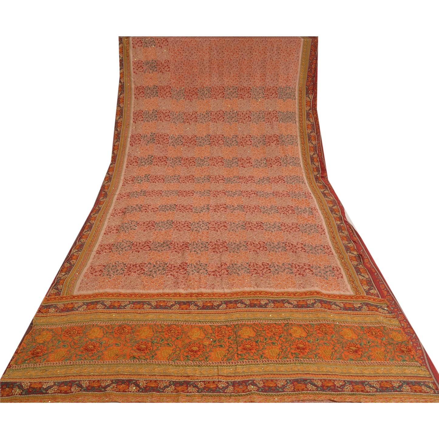 Sanskriti Vintage Sarees Multi Pure Crepe Silk Hand Beaded Printed Sari Sustainable Fabric