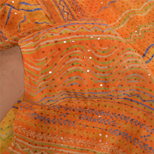Sanskriti Vintage Sarees Orange Pure Crepe Silk Hand Beaded Printed Sari Sustainable Fabric