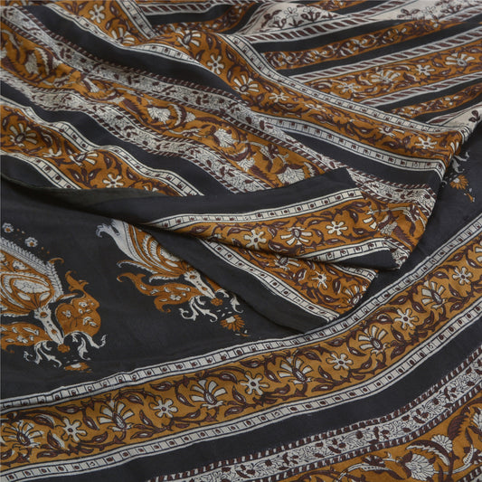 Sanskriti Vintage Sarees Brown Hand Block Printed Pure Crepe Silk Sari Sustainable Fabric