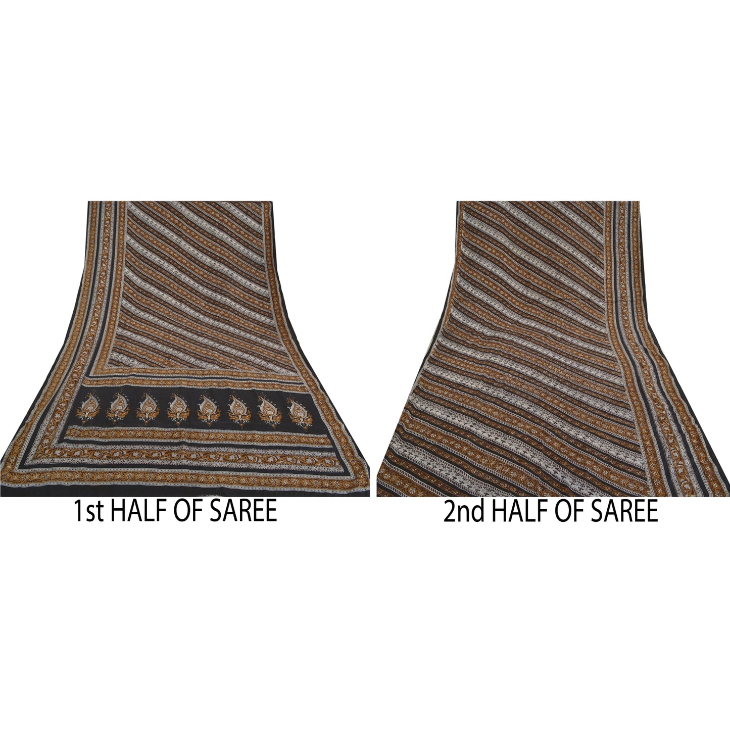 Sanskriti Vintage Sarees Brown Hand Block Printed Pure Crepe Silk Sari Sustainable Fabric