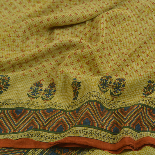 Sanskriti Vintage Sarees Green 100% Pure Crepe Silk Printed Sari Craft Sustainable Fabric