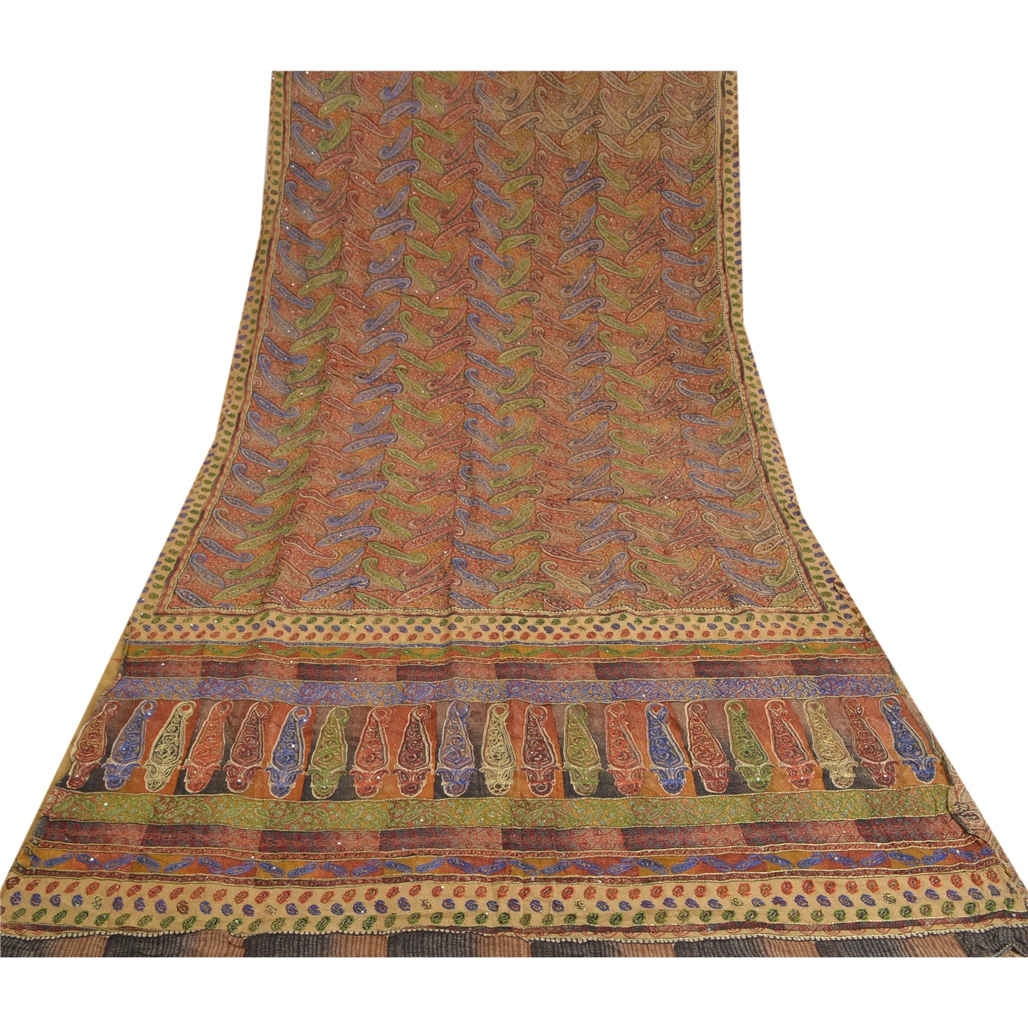 Sanskriti Vintage Sarees i multi-håndperletrykt ren crepe silke sari i bæredygtigt stof