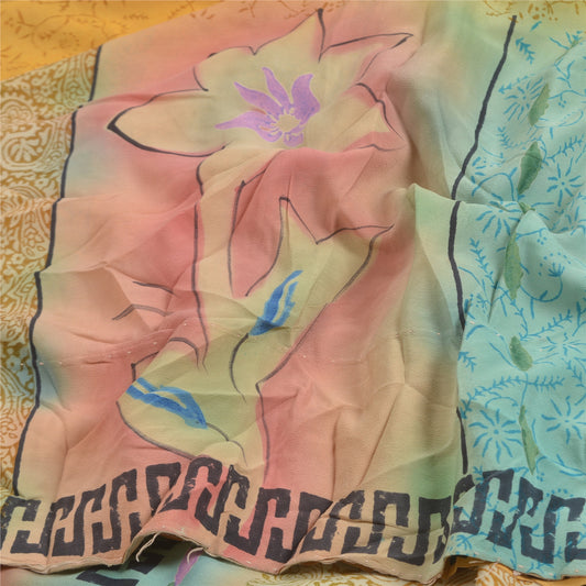 Sanskriti Vintage Sarees Sennep Trykt Ren Crepe Silke Sari Blødt Håndværksmæssigt Bæredygtigt Stoff