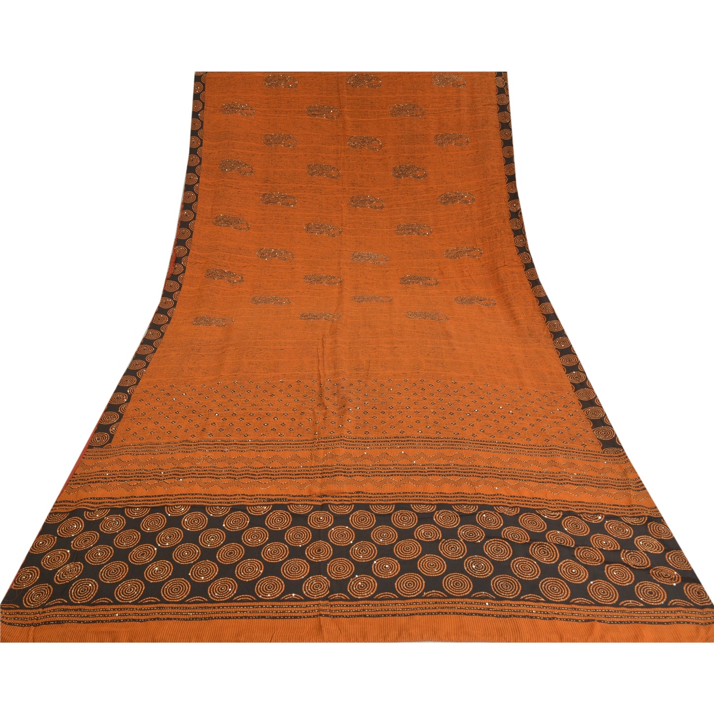 Sanskriti Vintage Sarees Orange Hand Beaded Kantha Pure Crepe Silk Sari Sustainable Fabric