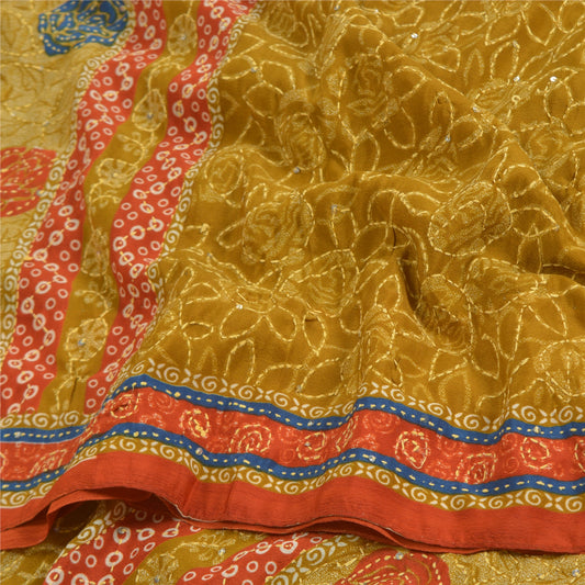 Sanskriti Vintage Sarees Mustard Green Hand Beaded Kantha Crepe Sari 5yd Sustainable Fabric