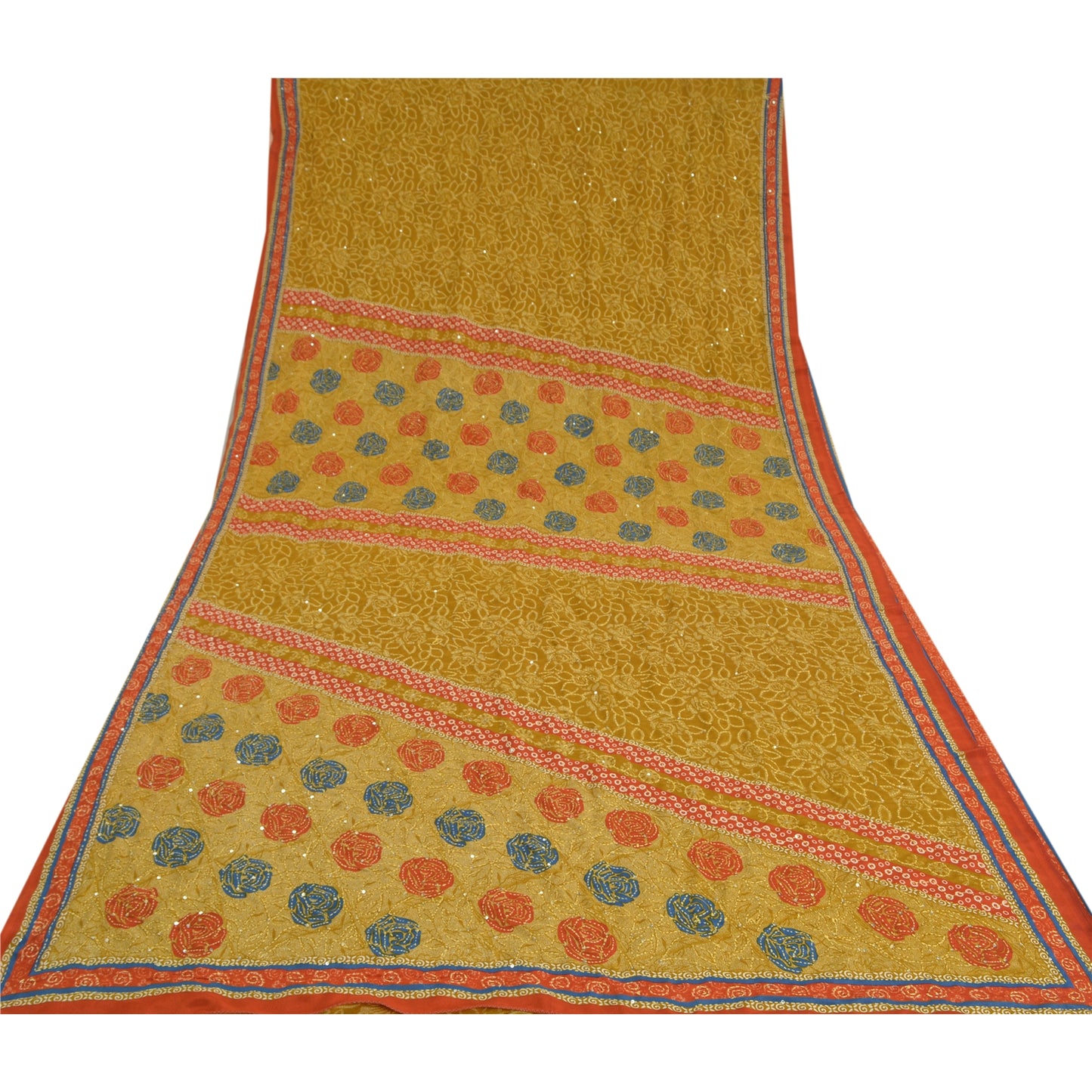 Sanskriti Vintage Sarees Sennepsgrøn Håndperlet Kantha Crepe Sari 5 m Bæredygtigt Stof