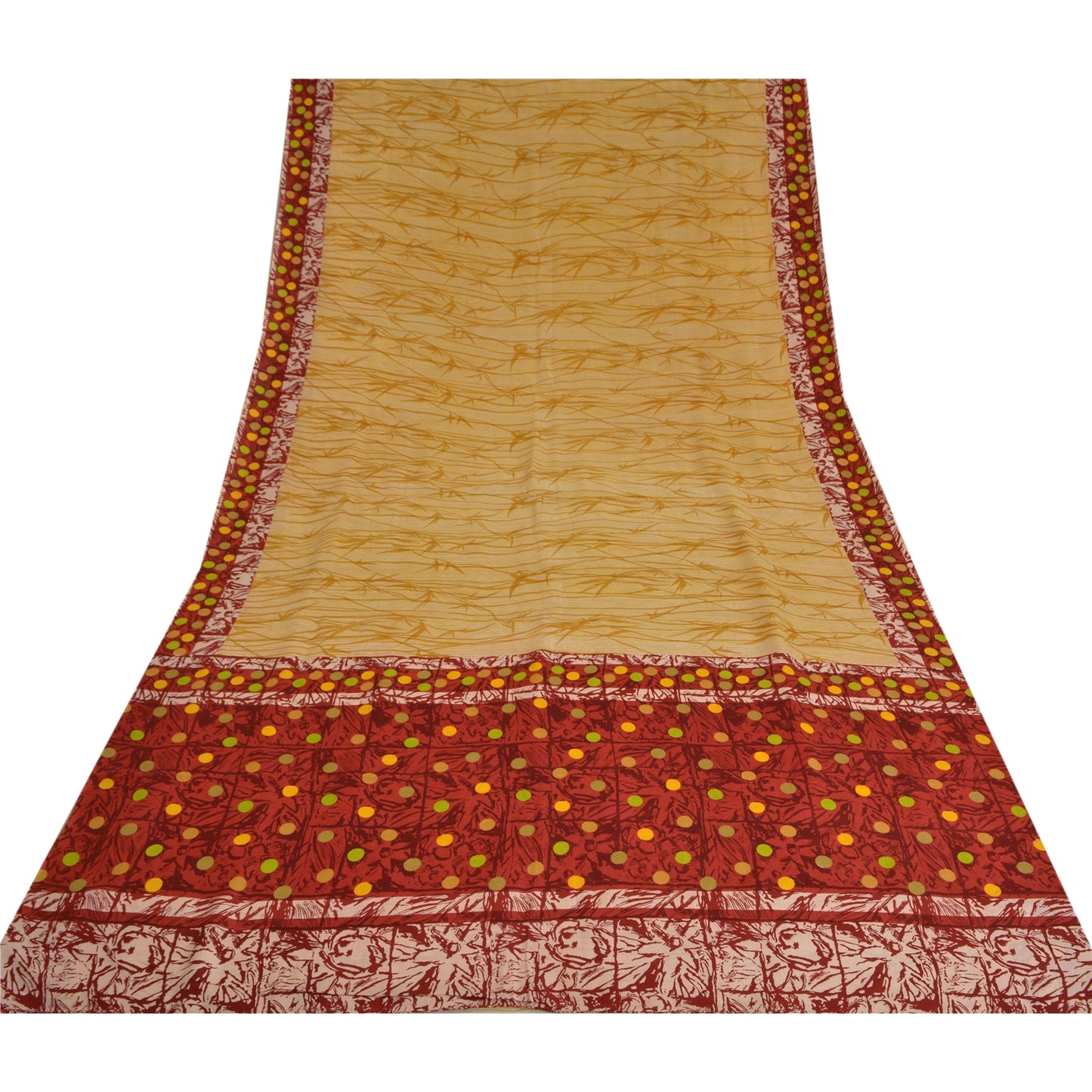 Sanskriti Vintage Sarees Mustard Pure Crepe Silk Printed Sari Soft Craft Sustainable Fabric