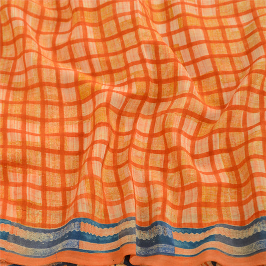 Sanskriti Vintage Sarees Indian Orange Pure Crepe Silk Printed Sari Craft Sustainable Fabric